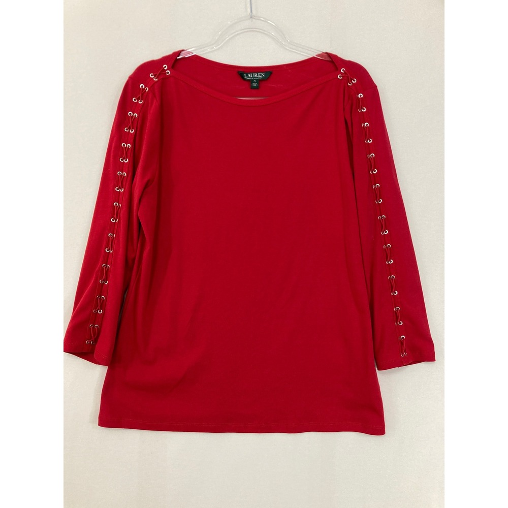 Lauren Ralph Lauren Top XL Red Lace Up Sleeve Boat Neck Knit Stretch Fitted